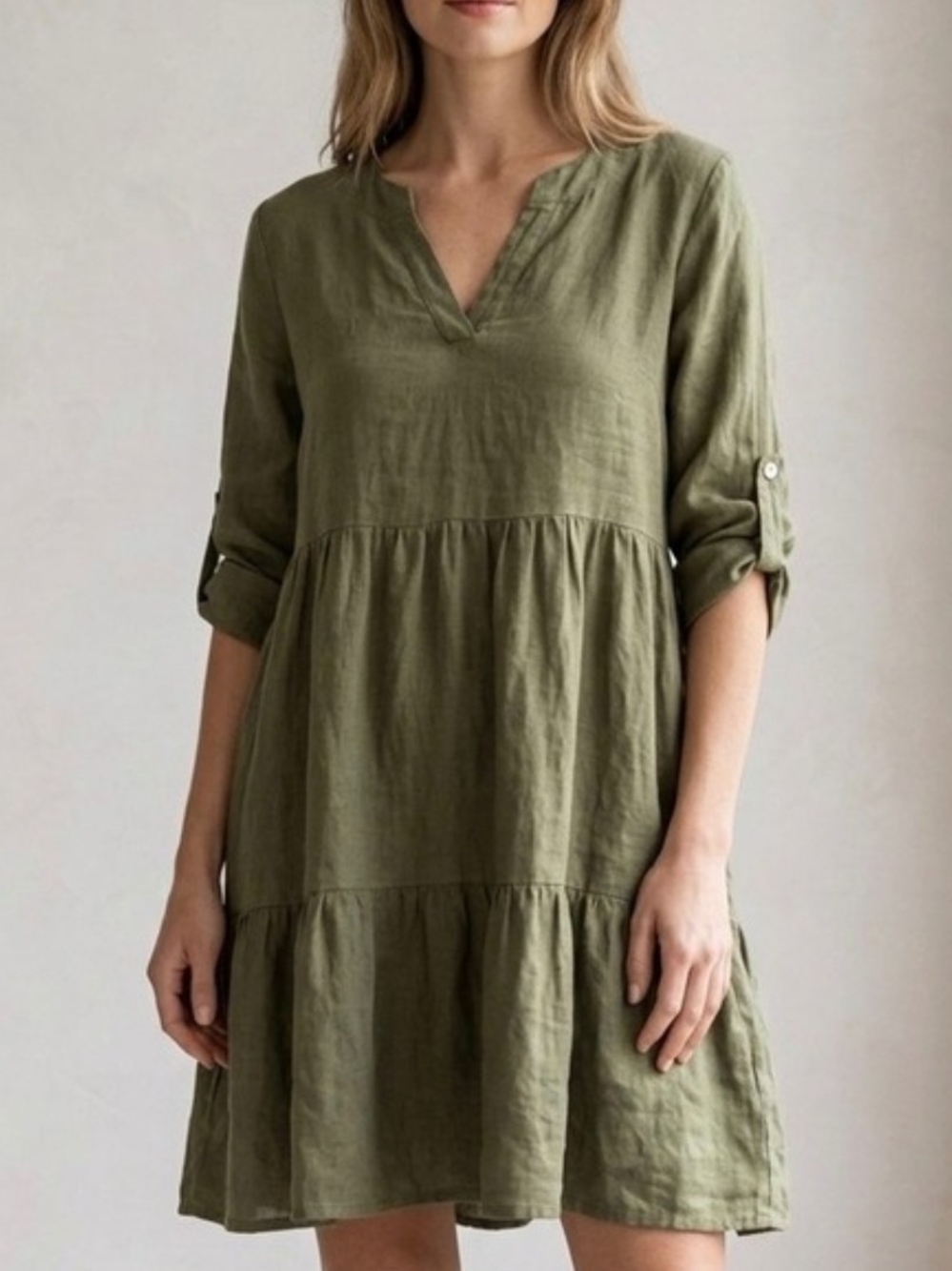 100% Linen Tiered V-Neck Dress